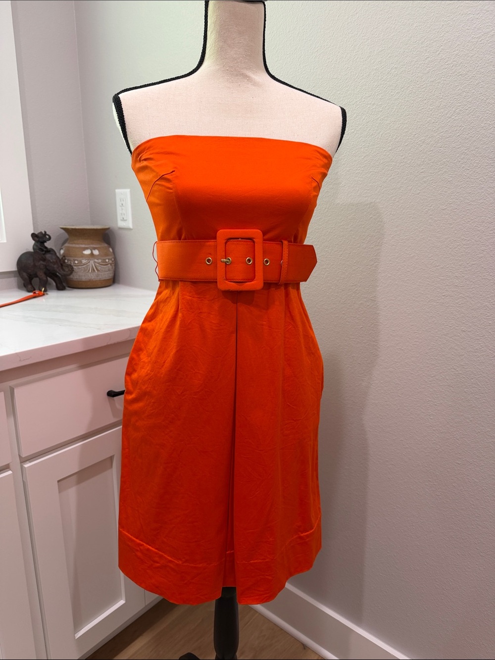 New York & Company Strapless Belted Mini Dress in Orange